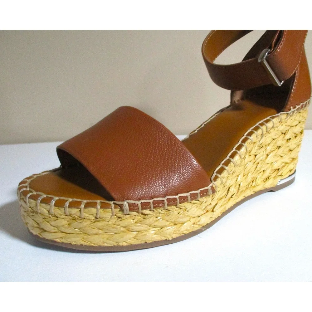 Franco Sarto Womens Cognac Leather Espadrille Wedge Sandals Brown Size 7M